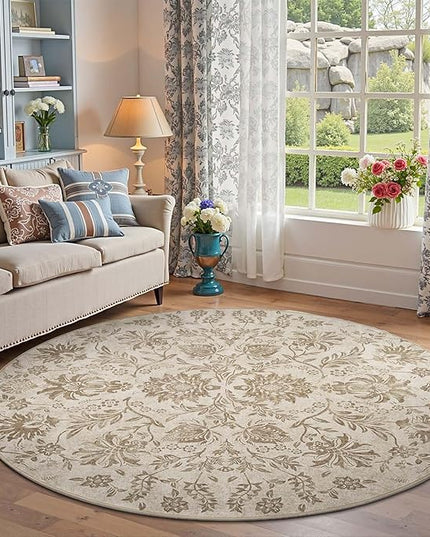 jinchan Torino Classic Floral Round Rug 6ft, Vintage-Inspired Neutral Design 6’Circle Rug, Machine Washable Ultra-Thin Low-Pile Non-Slip Indoor Carpet for Bedroom Living Room Entryway, Taupe
