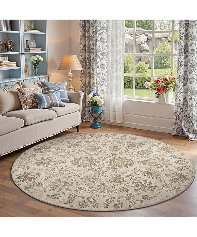 jinchan Torino Classic Floral Round Rug 6ft, Vintage-Inspired Neutral Design 6’Circle Rug, Machine Washable Ultra-Thin Low-Pile Non-Slip Indoor Carpet for Bedroom Living Room Entryway, Taupe