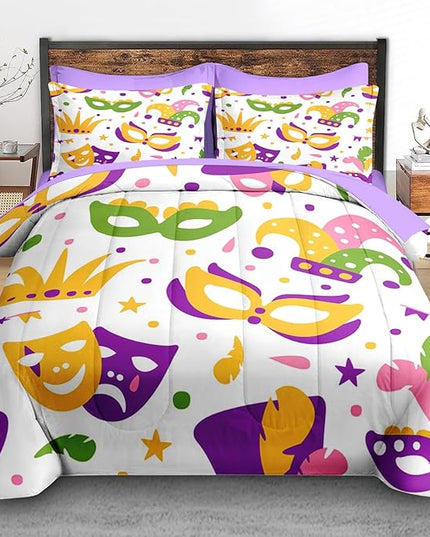 Comforter Set Full Size, Happy Purple Gold Mask 7 Pcs Bedding for Kids and Adults, Mardi Carnival Party Bed Sheet Sets with Fitted Sheet 2 Pillowcases & 2 Shams for Bedroom Bed Decor