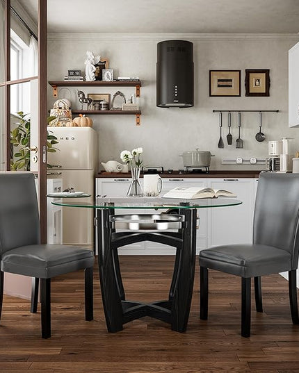 PADMA HOUSE Round Glass Dining Table Set for 6, 45in Modern Kitchen Small Wood Dinner Table with 6 Parsons Leather Dining Chairs 7 Piece Dining Room Table Chair Set, Clear&Grey