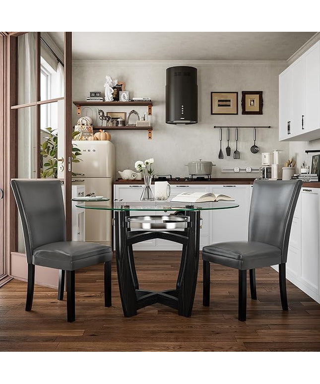 PADMA HOUSE Round Glass Dining Table Set for 2, 45in Modern Kitchen Small Wood Dinner Table with 2 Parsons Leather Dining Chairs 3 Piece Dining Room Table Chair Set, Clear&Grey