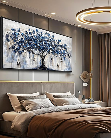 XIGUANGART Tree of Life Large Wall Art Watercolor Blue Farmhouse Framed Artwork Tree & bell Canvas Prints Pictures Modern Abstract Paintings Wall Decor for Living Room Bedroom Home Office Decoration
