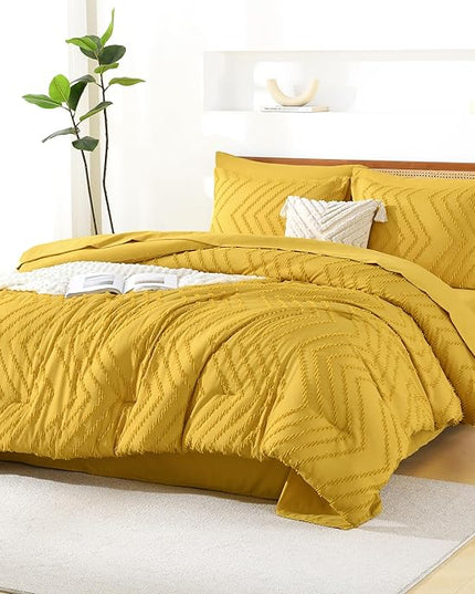 Litanika King Size Comforter Set with Sheets Mustard Yellow - 7 Pieces Bed in a Bag King Chevron Tufted Complete Bedding Sets with Comforter, Sheets, Pillowcases & Shams