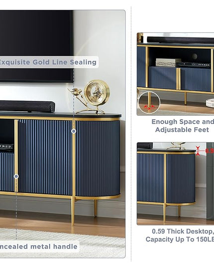 OKD Luxury 70" Fluted TV Stand, Modern Chic Entertainment Center for TVs Up to 80 inches, TV Console with Faux Marble Top, Curved Profile Design, Media Console for Living Room, Navy Blue