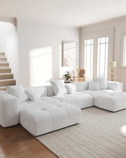 JACH 144.1 Inch U-Shaped Modular Sofa, Mid Century Modern Deep Seat Sectional Couch, 3-Seater Sofas with Chaise Ottomans for Living Room, Cozy Sofas for Apartment, Living Room (Linen Fabric, White)