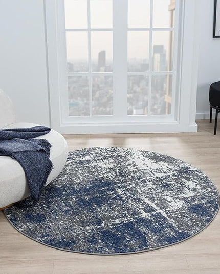 Keen Home Design Area Rugs - 8ft Round Non-Shedding, Abstract Rugs for Kitchen, Living Room, Bedroom, Dining Room, Entryway - Size: 7'10" Round, Navy/Grey/White