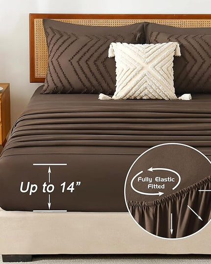 Litanika California King Size Comforter Set with Sheets Brown - 7 Pieces Bed in a Bag Cal King Chevron Tufted Complete Bedding Sets with Comforter, Sheets, Pillowcases & Shams