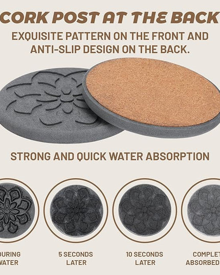 6 Pcs Diatomaceous Earth Absorbent Coasters with Holder 4 Inch Floral Engraved Non-Slip Round Diatom Mud Cup Mats Drink Coasters for Home Office Coffee Kitchen Bar Table Decor
