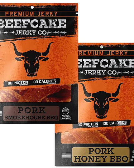 BEEFCAKE Jerky Tender Pork SmokeHouse & Honey BBQ Gourmet Meat Snacks, 9 Gram of Protein and 100 Calories 2.7 Oz | Pack of 2