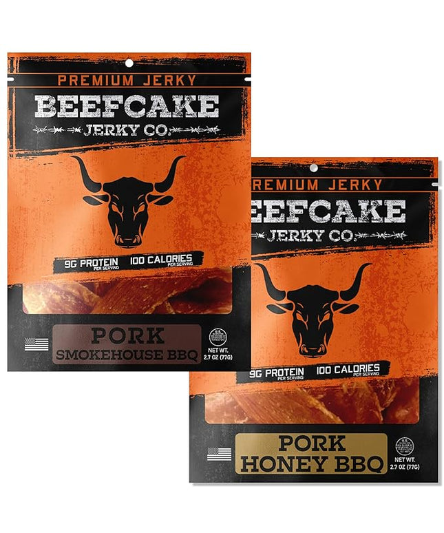 BEEFCAKE Jerky Tender Pork SmokeHouse & Honey BBQ Gourmet Meat Snacks, 9 Gram of Protein and 100 Calories 2.7 Oz | Pack of 2