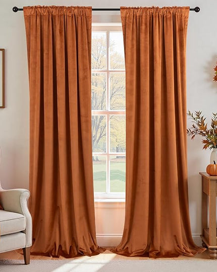 KOUFALL Burnt Orange Velvet Fall Blackout Curtains for Living Room,84 Inch Long Black Out Bohemian Retro Mid Century Modern Curtain Drapes for Dining Room Bedroom 84 in Length 2 Panels Set