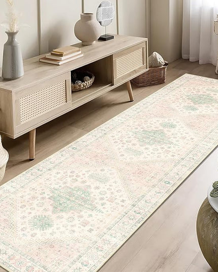 MUJOO Washable Runner Rug,2x8 Runners for Kitchen Bathroom Hallway Bedroom Entryway Laundry,Non Slip Long Mat Indoor,Boho Throw Carpet Low Pile Light Pink and Green