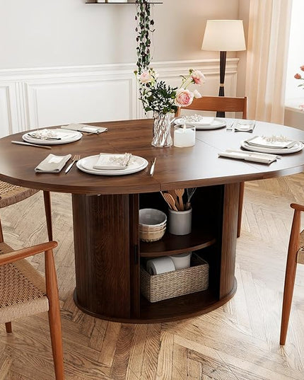 Oval Extendable Dining Table with Storage,59" Storage Kitchen Table for 4-8 People with Curved Sliding Door Fluted Wood Coffee Table Thickened Tabletop for Dining Room/Kitchen,Brown