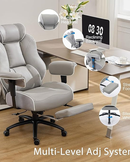 DJ·Wang Big and Tall Office Chair with Foot Rest (PU Gray)