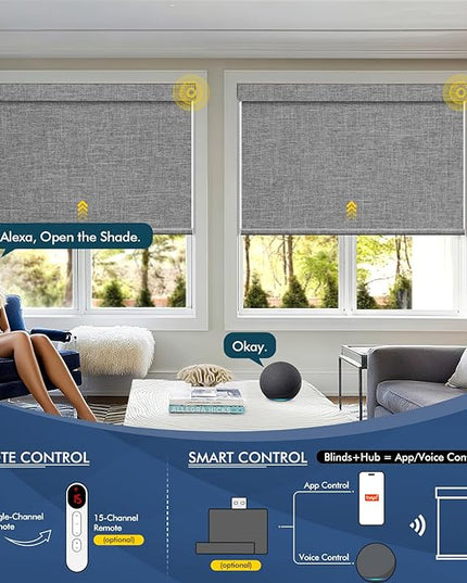 Motorized Blinds with Remote,100% Blackout Smart Roller Shades,Rechargeable Smart Blinds【Solar Panel Included】 Wireless Electric Cordless Shades with Cover Compatible with Alexa Grey 25 * 72