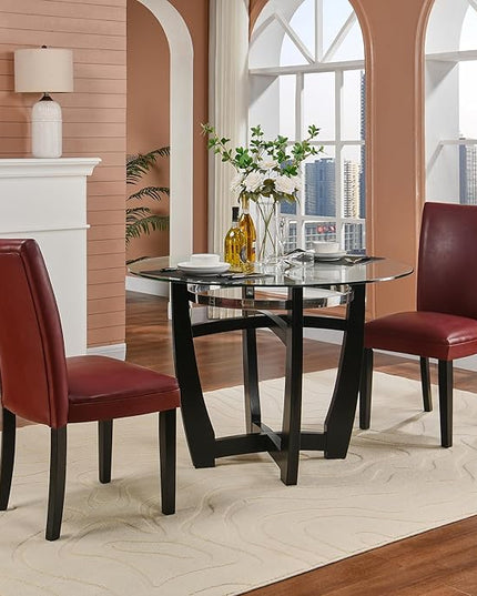 PADMA HOUSE Round Glass Dining Table Set for 6, 45in Modern Kitchen Small Wood Dinner Table with 6 Parsons Leather Dining Chairs 7 Piece Dining Room Table Chair Set, Clear&Wine Red