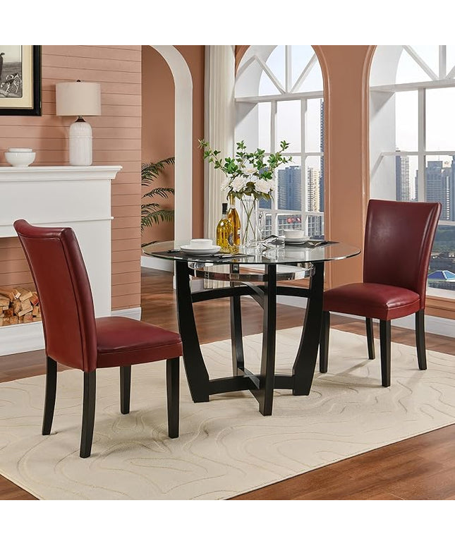 PADMA HOUSE Round Glass Dining Table Set for 2, 45in Modern Kitchen Small Wood Dinner Table with 2 Parsons Leather Dining Chairs 3 Piece Dining Room Table Chair Set, Clear&Wine Red