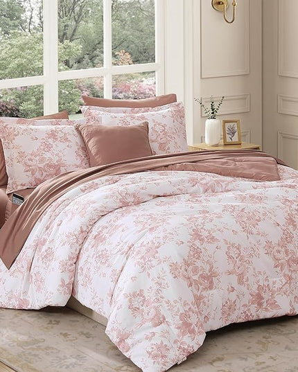 King Comforter Set -7 Pieces Pink Floral Comforter Set for All Seasons, Bed in a Bag King with Botanical Flowers Comforter, Sheets, Pillowcases & Shams