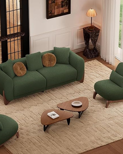 Morden Fort 3 Piece Cloud Couch Set, Modern Sherpa Boucle Sofa Set with Wood Legs, Skin-Friendly Minimalist Upholstered Comfy Couch Sofas for Living Room, 3-Seater Sofa & 2 Chairs, Forest Green