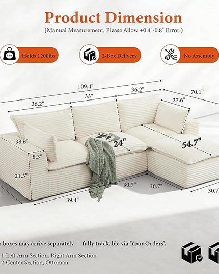 108" Sectional Couches for Living Room Boneless Couch Upholstered Cloud Couch Sectional Modular Sectional Sofa with L Shaped (Corduroy-White, 3 Seat+1 Ottoman)