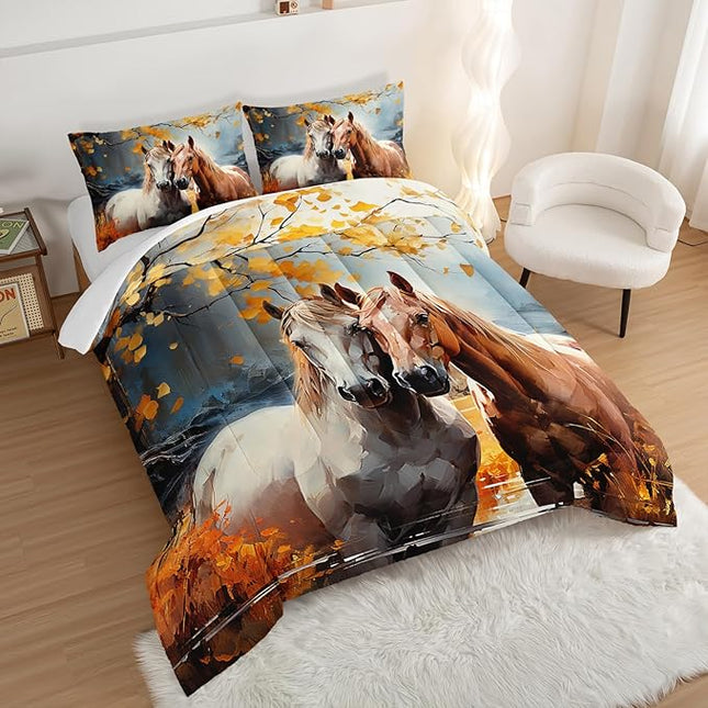 White Brown Horses Comforter Set King Size,Watercolor Painting Autumn Leaves Bedding Set for Kids and Adults Bedroom Horse Decor,Natural Scenery Aesthetics Comforter Set with 2 Pillowcases.