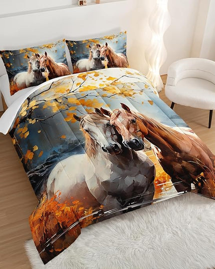 White Brown Horses Comforter Set Full Size,Watercolor Painting Autumn Leaves Bedding Set for Kids and Adults Bedroom Horse Decor,Natural Scenery Aesthetics Comforter Set with 2 Pillowcases.