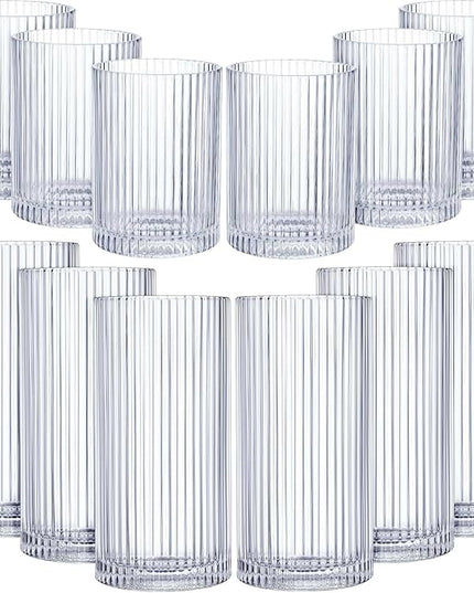 Zhehao 12 Pcs Ribbed Drinking Glasses Set 9 oz 12 oz Glass Cups Vintage Glassware Ribbed Cocktail Cup Clear Ice Coffee Highball Ripple Drinkware for Home Bar Beverages