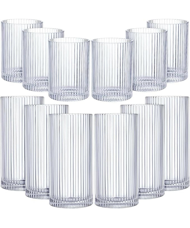 Zhehao 12 Pcs Ribbed Drinking Glasses Set 9 oz 12 oz Glass Cups Vintage Glassware Ribbed Cocktail Cup Clear Ice Coffee Highball Ripple Drinkware for Home Bar Beverages