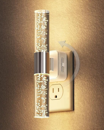 DORESshop LED Night Light, Rotating Night Lights Plug into Wall, Auto Light Sensor Nightlight Dimmable, 3000K Soft Light, LED Acrylic Bubble Nightlight Plug in for Bedroom Bathroom, Chrome Cover