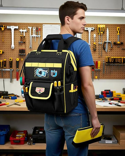 Tool Bag Backpack with Zipper Pouch and Magnetic Attraction Area, Heavy-Duty Tool Storage Organizer Bag, Tactical Work Tool Bag for Electrician, Repairman, HVAC Techs, Black