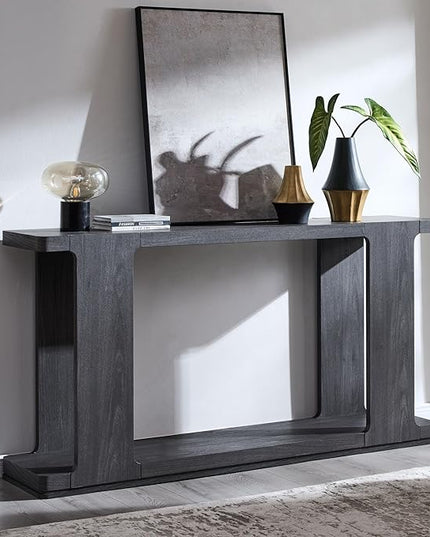 OKD 63 Inch Modern Entryway Console Table, 2-Tier Long Sofa Table Behind Couch with Curved Edge, Wood Farmhouse Narrow Entry Table for Hallway, Living Room, Foyer, Entrance, Dark Alder
