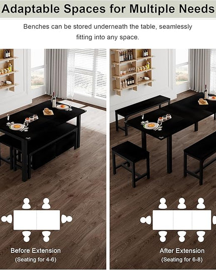 Feonase 5-Piece Dining Table Set for 4-8 People, 63" Large Extendable Kitchen Table Set with 2 Benches and 2 Square Stools, Dining Room Table with MDF Wood Board, Easy Assembly, Black