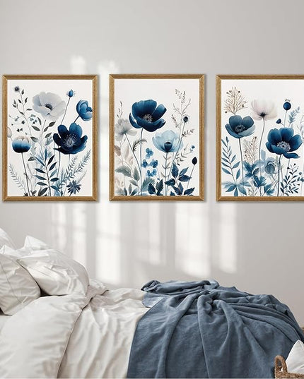 DUWQU 3 Pcs Blue Floral Canvas Wall Art, Wood Framed Navy Blue Wildflower Lily Daisy Art Wall Decor, Watercolor Botanical Flower Home Poster Art Prints for Living Room Bedroom Bathroom 12×16 Inches
