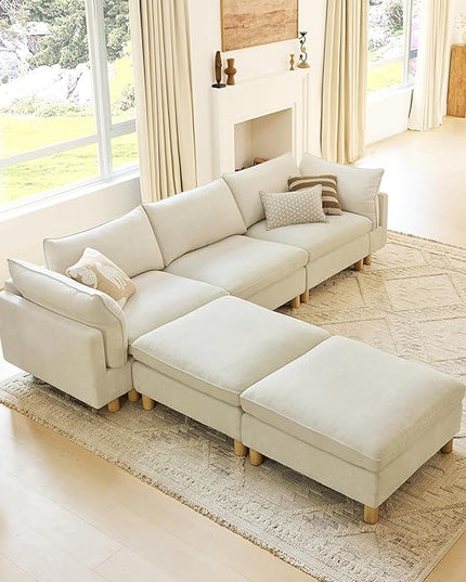 CHITA 127" Super Large Sectional Couches for Living Room, Modular Cloud Couch Sectional Sofa, Premium Fabric Couches, Down Filled, High Density Foam, Chenille in Cream, 5 Seat U Shaped