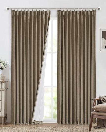 Vision Home Brown Pinch Pleated Full Blackout Curtains Linen Blended 60" Wide Thermal Insulated Window Panels 95 inch for Bedroom Living Room Darkening Pleat Drapes with Hooks Back Tab 60" Wx95 Lx1