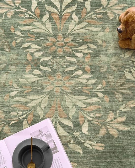 jinchan Round Rug 4ft Area Rugs Vintage Floral Distressed Design Machine Washable Soft Non-Slip Low-Pile Ultra-Thin Christmas Circle Rug for Entryway Living Room Kitchen Nursery (4' Round, Dark Green)
