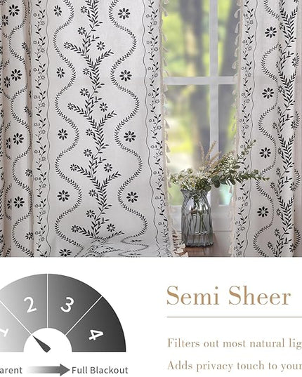 Schweek Boho Floral Curtains for Living Room, Linen Farmhouse Sheer Curtains 63 Inches Long, Vintage Printed Patterned Rustic Curtains Drapes for Dining Room, Black on Ivory