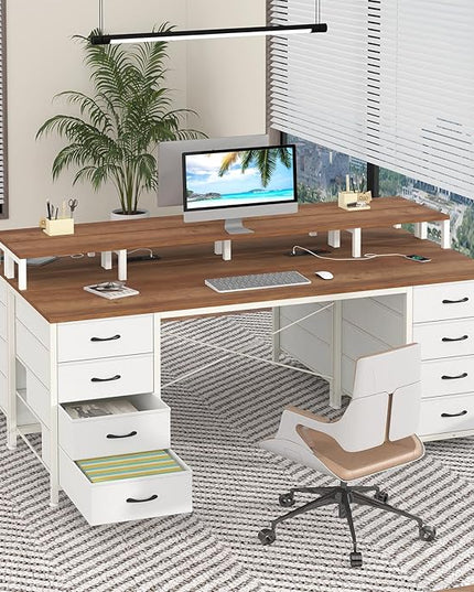60 Inch Computer Desk with 8 Fabric Drawers, Gaming Desk with LED Lights & Power Outlets, Home Office Desk with Monitor Stand, Brown and White
