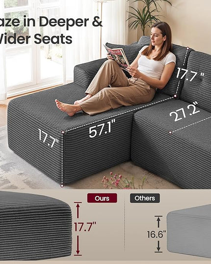 VASAGLE 108.3 Inches Boneless Couch with Chaise, Modular Sectional Sofa, Modern Cloud Couch with Deep Seat, L-Shape Corduroy Sofa for Living Room, Left-Facing Chaise, Bedroom, Slate Gray ULCS181GN01