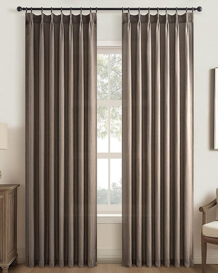 Topfinel Dark Flax Pinch Pleated Linen Curtains 105 Inch Length 2 Panels for Living Room Bedroom Semi Sheer Window Curtain Boho Neutral Back Tab Pinch Pleat Drape with Hooks 105 Inches Long