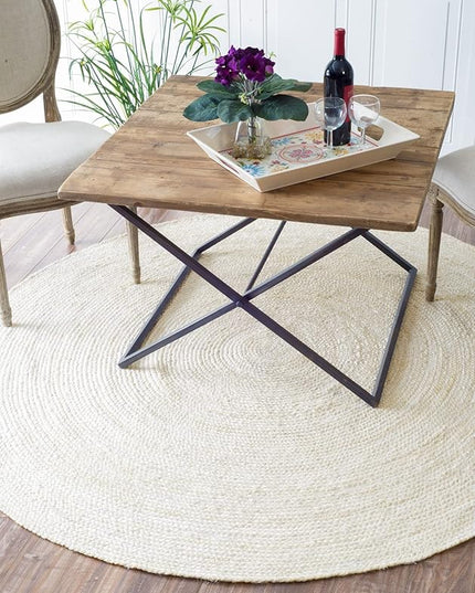 FRELISH DECOR Handwoven Jute Area Rug- Off-White Round Rustic Vintage Beige Braided Reversible Rug- Eco Friendly Rug for Bedroom, Kitchen, Living Room, Farmhouse (5' Round - Off-White)