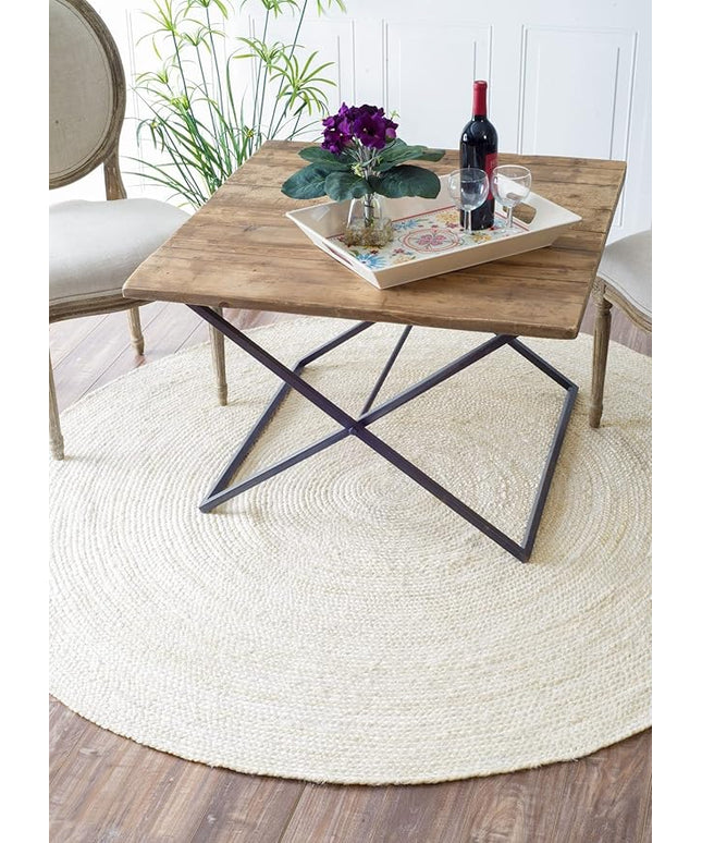 FRELISH DECOR Handwoven Jute Area Rug- Off-White Round Rustic Vintage Beige Braided Reversible Rug- Eco Friendly Rug for Bedroom, Kitchen, Living Room, Farmhouse (5' Round - Off-White)