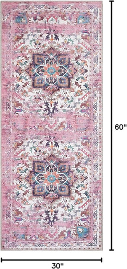 GLN Rugs Traditional Collection - Machine Washable Area Rug, Traditional Washable, Non Slip, Low Pile Chenille Rug, Living Room, Bedroom, Kitchen Rug (2'6"x6'6" Pink)
