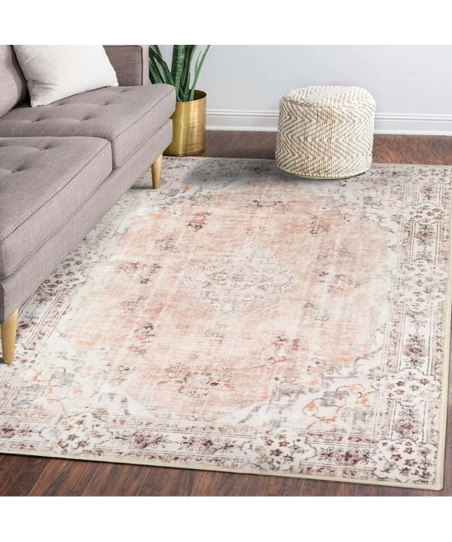 MUJOO 5'x7' Area Rugs Pink Machine Washable Boho Rug for Bedroom,Living Room, Laundry Room Kitchen Non Slip Carpet Abstract Soft Low-Pile Floral