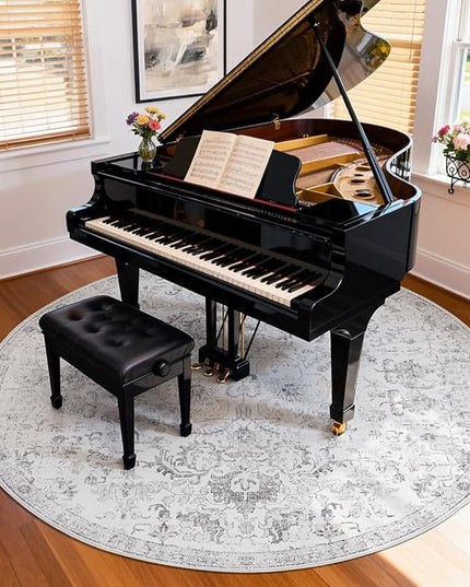 jinchan Kalen Round Rug 8ft Area Rug Washable Vintage Indoor Retro Floor Cover Distressed Gray Floral 8' Round Circle Boho Non Slip Thin Carpet for Living Room Dining Room Bedroom Kitchen Grey