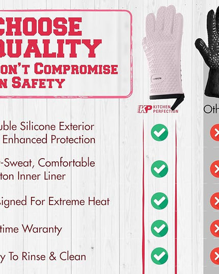 KITCHEN PERFECTION XL Silicone Smoker Oven Gloves for Women -Extreme Heat Resistant BBQ Gloves -Handle Hot Food Right on Your Grill Fryer&Pit|Waterproof Grilling Cooking Mitts|Superior Set+3 Bonuses