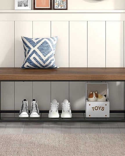 FOLUBAN Shoe Bench, Modern Wood and Metal Storage Bench for Entryway Hallway, Industrial Indoor Bedroom Bench Seat for Living Room, Mudroom, Rustic Walnut, 47 Inch