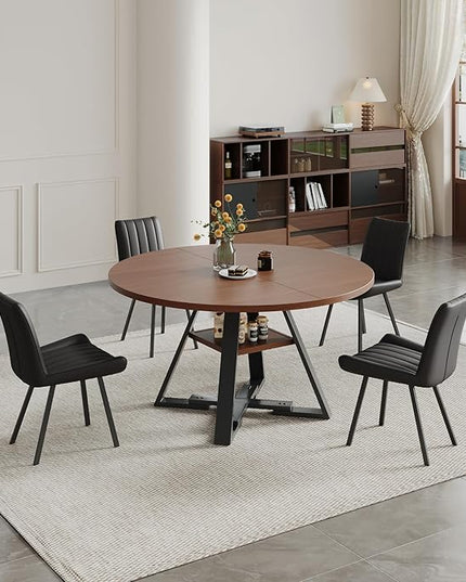 Walnut Round Dining Table Set for 4, Mid-Century Modern Kitchen Table and Chairs, Small Space Dining Room Furniture for Apartment, Breakfast Nook or Studio (Boxwood-Storage Table+4 Black Chairs)