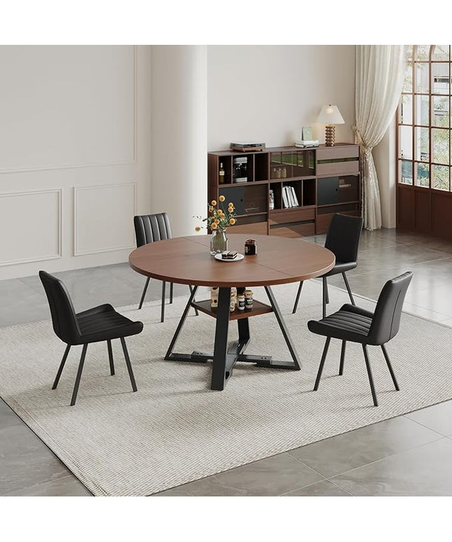 Walnut Round Dining Table Set for 4, Mid-Century Modern Kitchen Table and Chairs, Small Space Dining Room Furniture for Apartment, Breakfast Nook or Studio (Boxwood-Storage Table+4 Black Chairs)