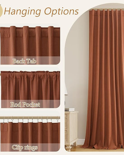Guken Terracotta Linen Blackout Curtains 63 Inch Length 2 Panels Set Fall Curtains for Living Room Bedroom Back Tab Thermal Insulated 100% Black Out Linen Drapes，52x63
